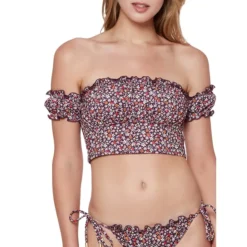 Sanctuary Micro Garden Dot Peasant Off The Shoulder Crop Cami Swim Top