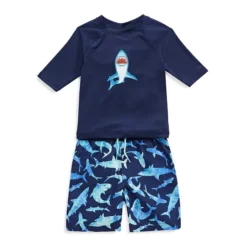 Little Boy's Shark Attack 2-Piece Rashguard Top & Shorts Swim Set