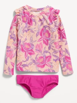 Old Navy Long-Sleeve Ruffle-Trim Rashguard & Bikini Swim Set For Toddler Baby